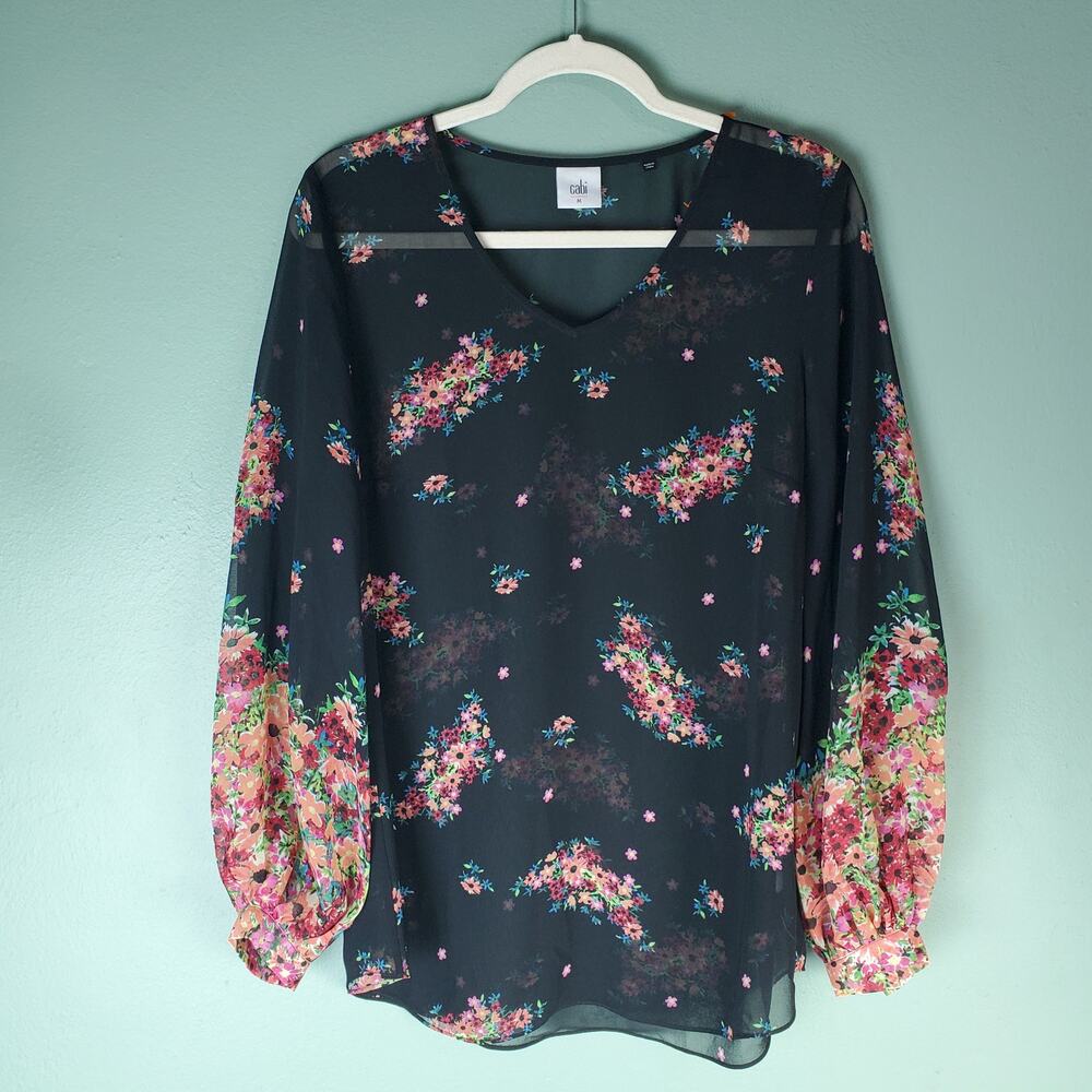 Cabi Womens Black Blooming Blouse Sheer Floral V-Neck Long Sleeve Size Medium